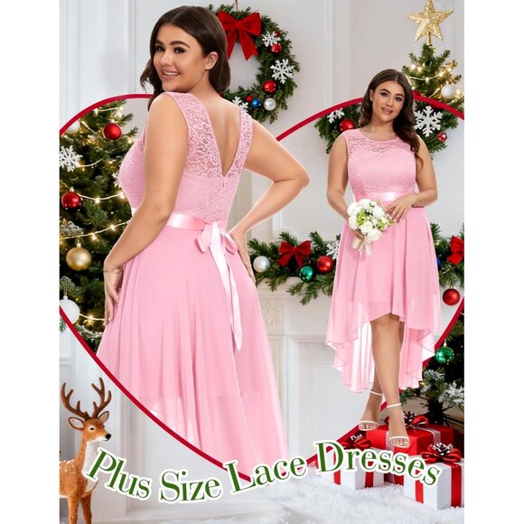 BeryLove Women Pink Chiffon Scoop Neck Sleeveless Lace Cocktail Dresses - Picture 4 of 7